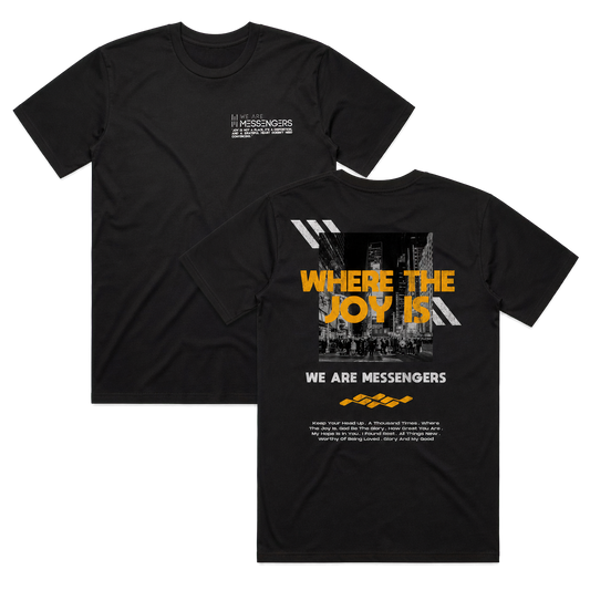 Where The Joy Is black tee front and back flat lay
