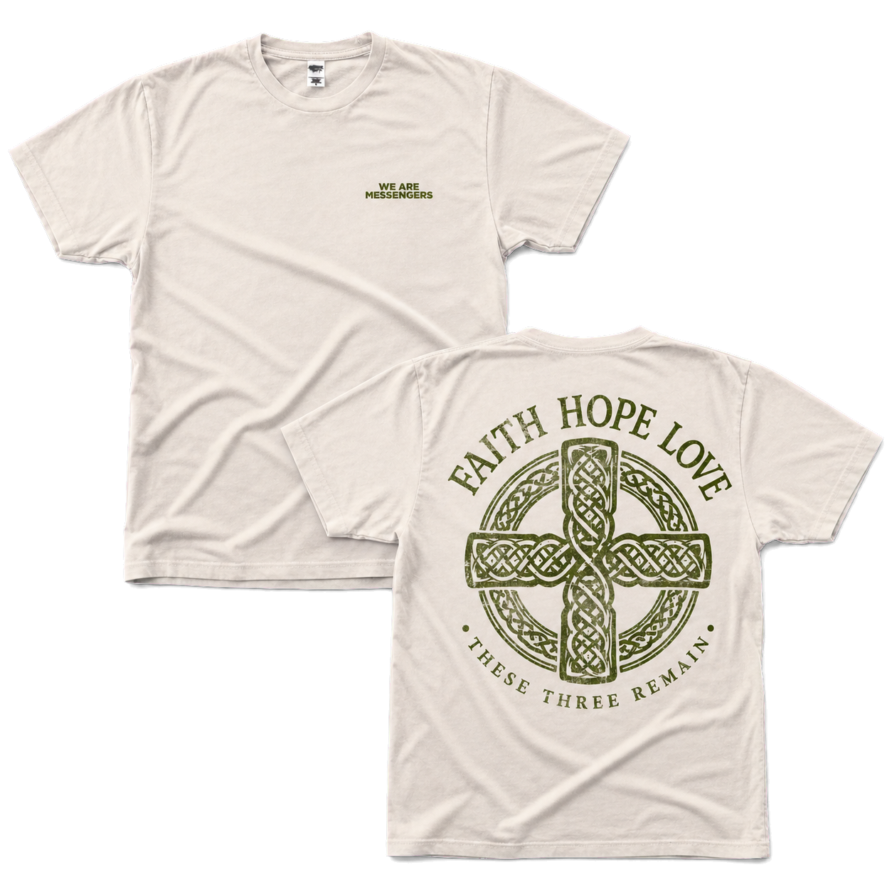 Faith Hope Love Celtic Cross Tee front and back flat lay
