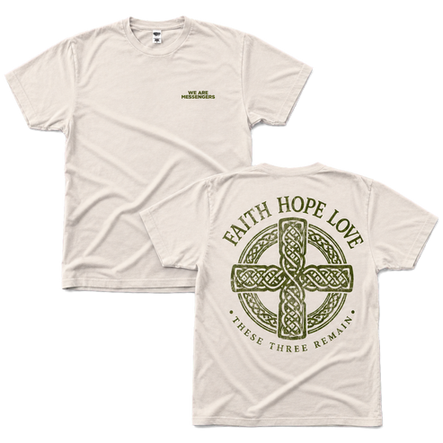 Faith Hope Love Celtic Cross Tee front and back flat lay