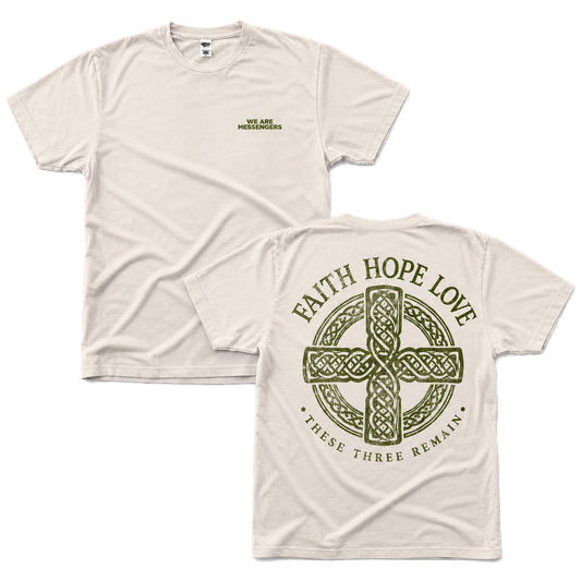 Faith Hope Love Celtic Cross Tee front and back flat lay
