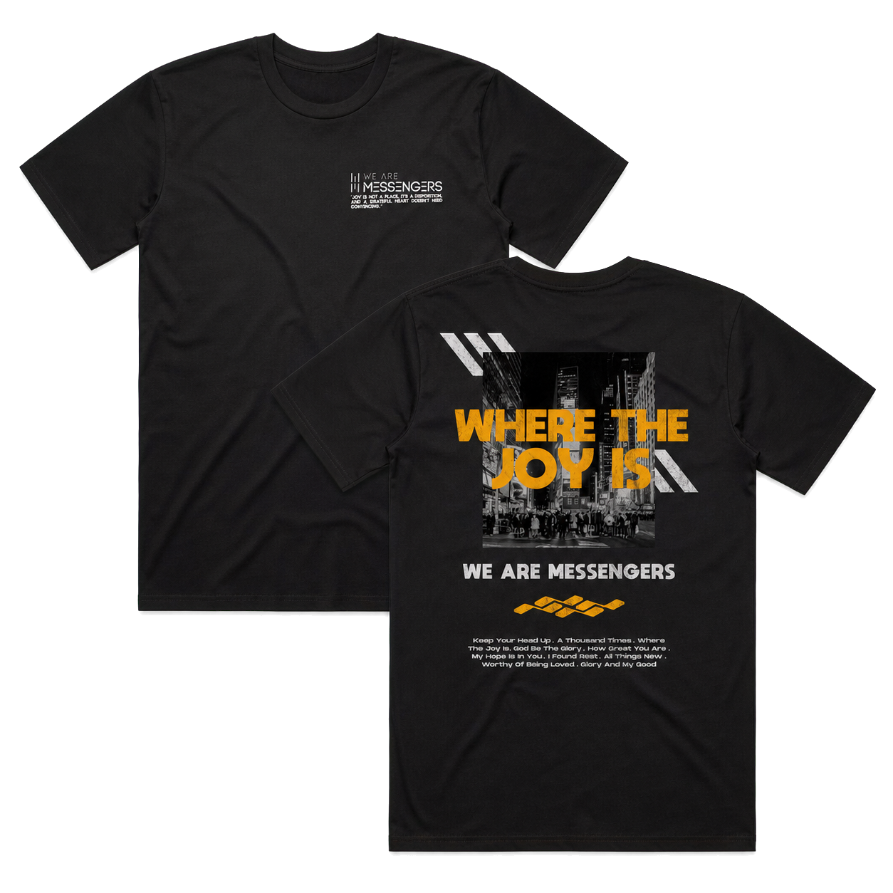 Where The Joy Is black tee front and back flat lay