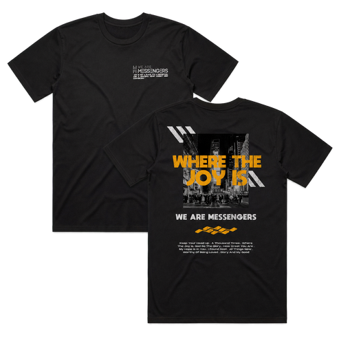 Where The Joy Is black tee front and back flat lay